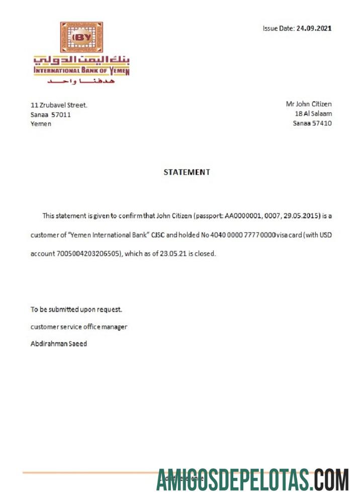 Referência de fechamento de banco internacional do Iêmen exemplo